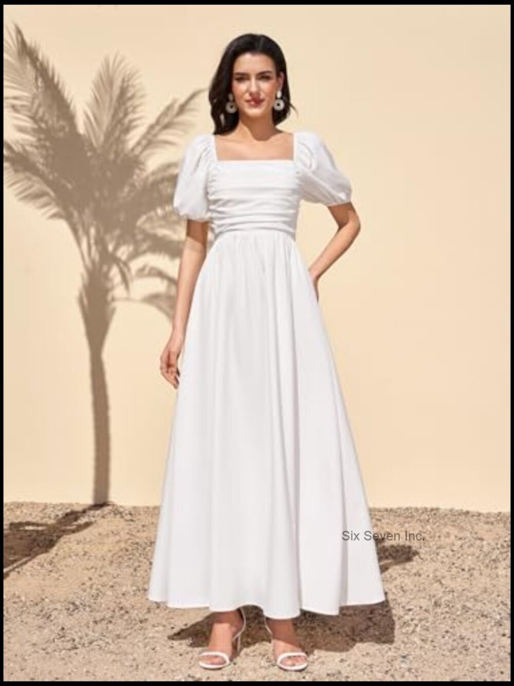 Puff Sleeve Maxi Dress A-Line Square Neck Summer Flowy Beach Sundress - Picture 4 of 6